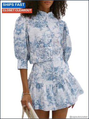 Floral Print 2 Piece Skirt Set Button Down Bishop Sleeve Top Pleated Mini Skirt